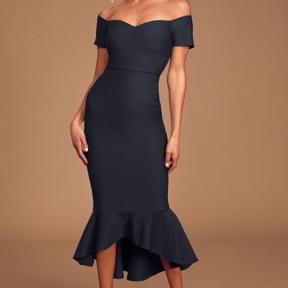 LULUS How Much I Care Midnight Blue Off-the-Shoulder Midi Dress XL - used once! - Picture 1 of 5